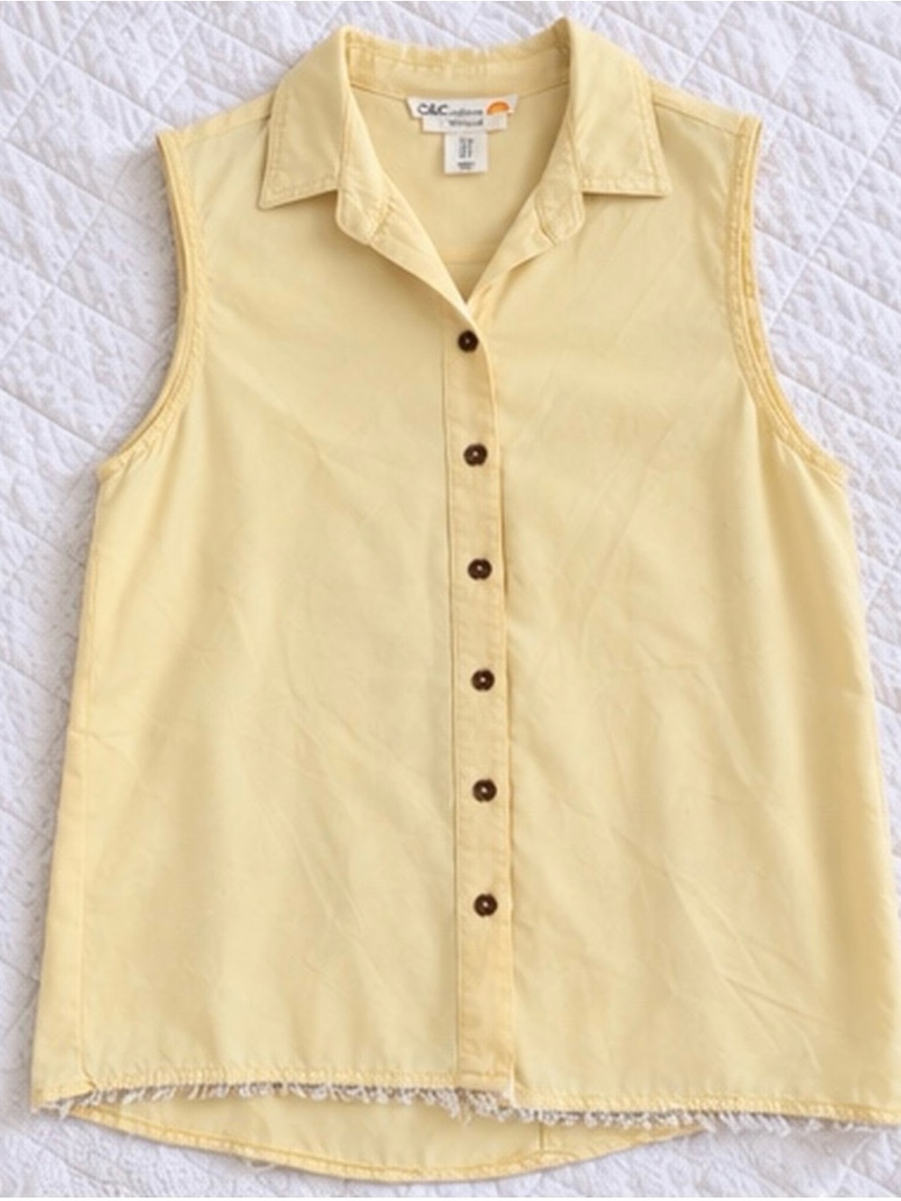 Vintage 90s C&C California Yellow Sleeveless Button Front Raw Hem Top. Small